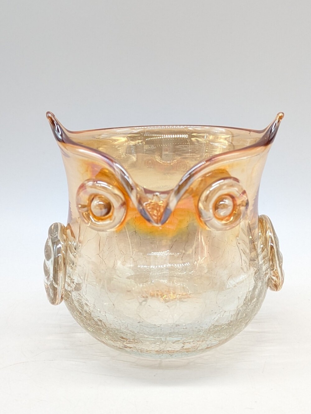 Vintage Orange Amber Crackle Glass Owl Small Votive Vase